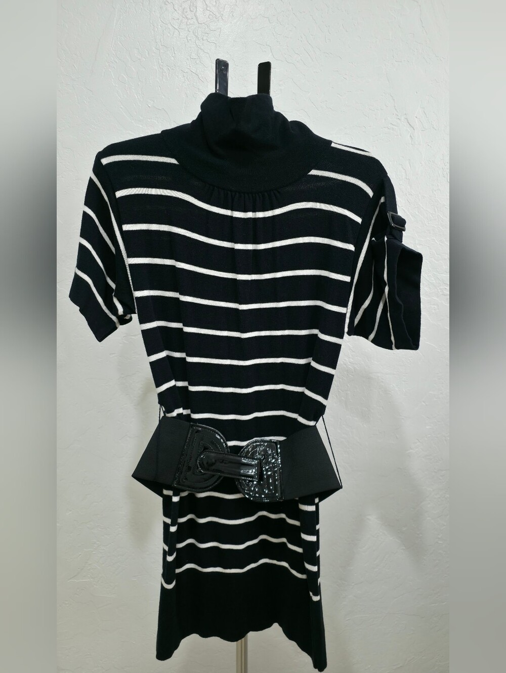 Sweater Project Black & White Striped Turtleneck Knit Tunic Dress with Belt